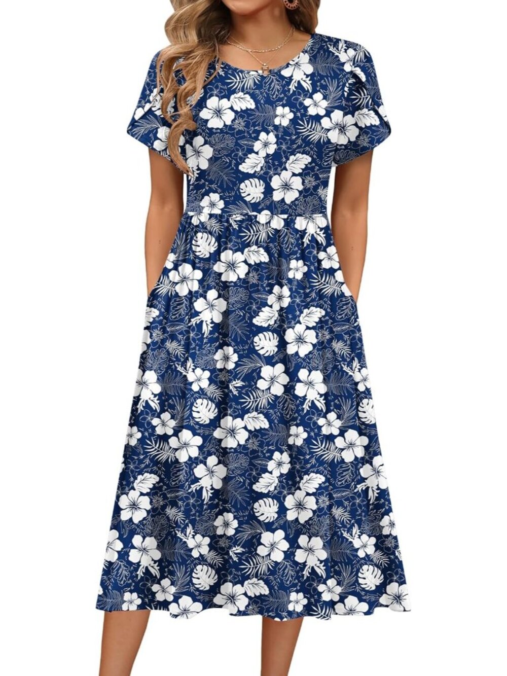 〽️Women's Blue Floral Short Sleeve Midi Dress A Line Summer Dress with Pockets